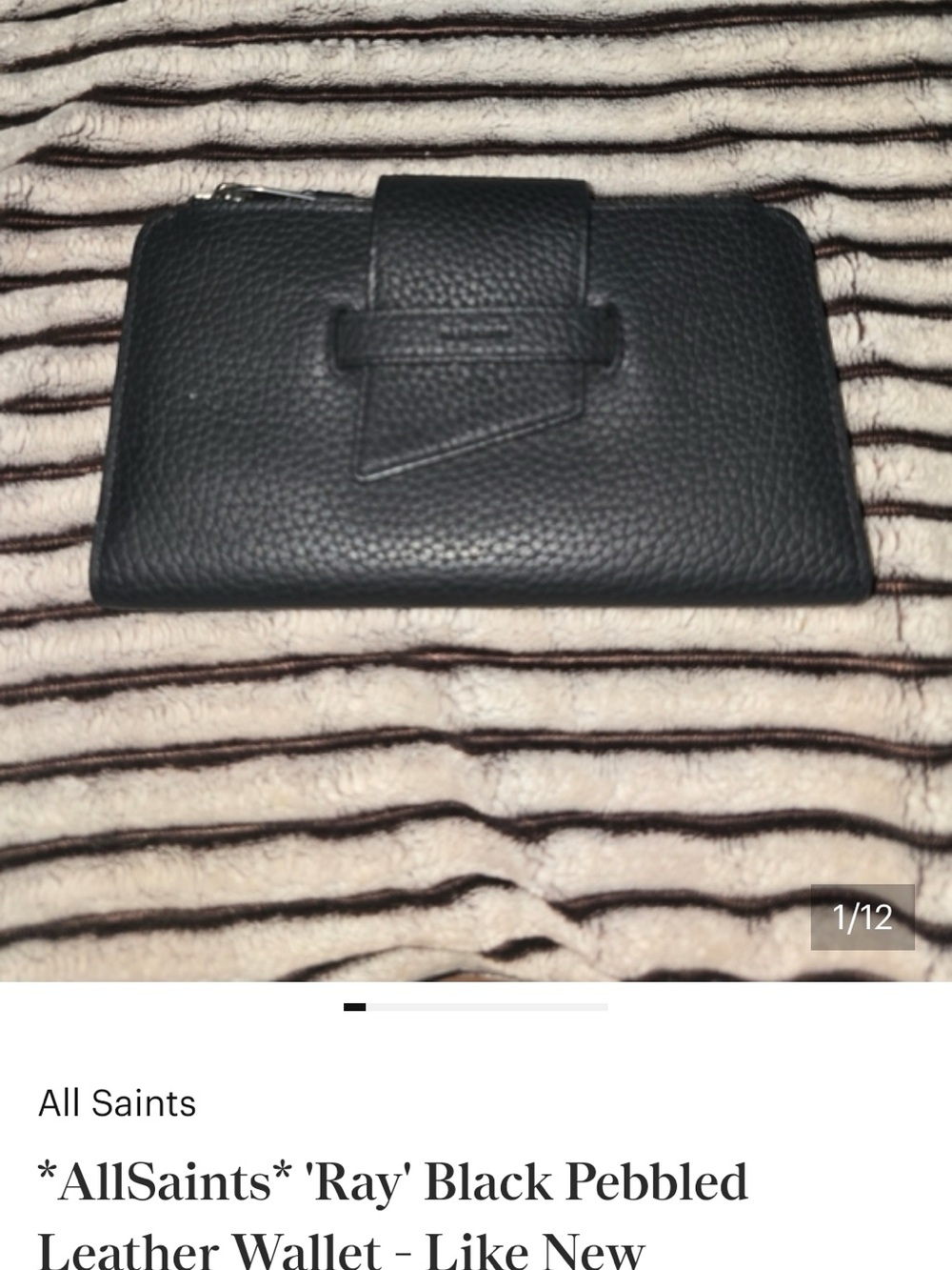 AllSaints Black Pebbled Leather Slim Wallet Zip Around